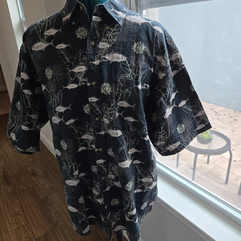 Puritan Mens Button-up 100% Cotton Shirt Short Sleeves Underwater Motif Sz Large